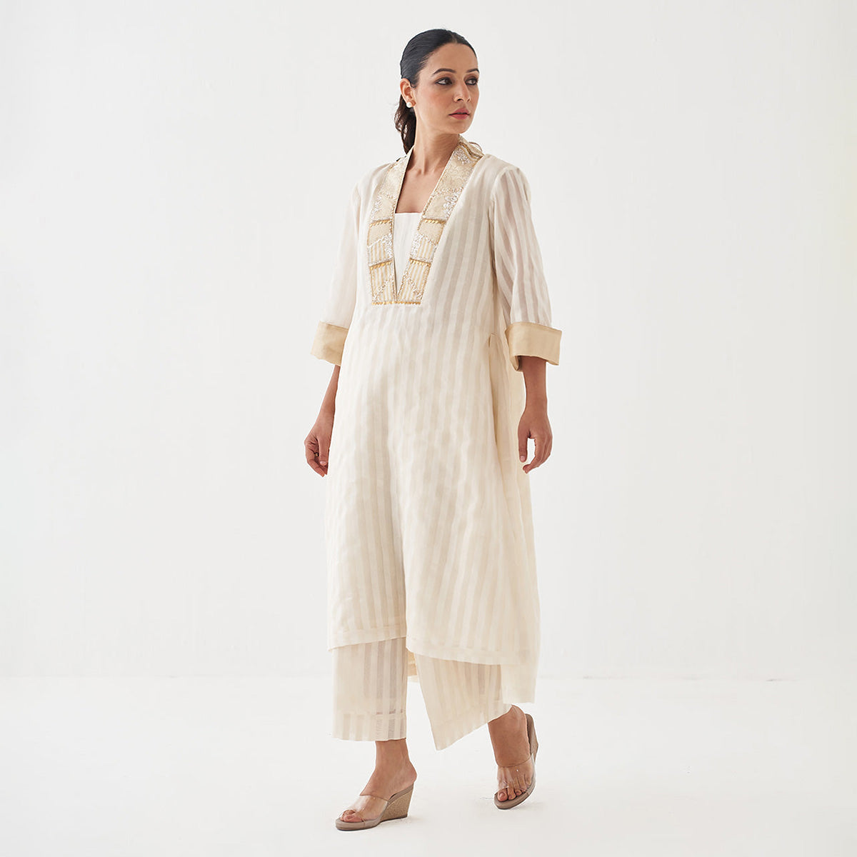 Handwoven Silk Chanderi Ensemble With Woven Banarasi & Handwork | Off-White