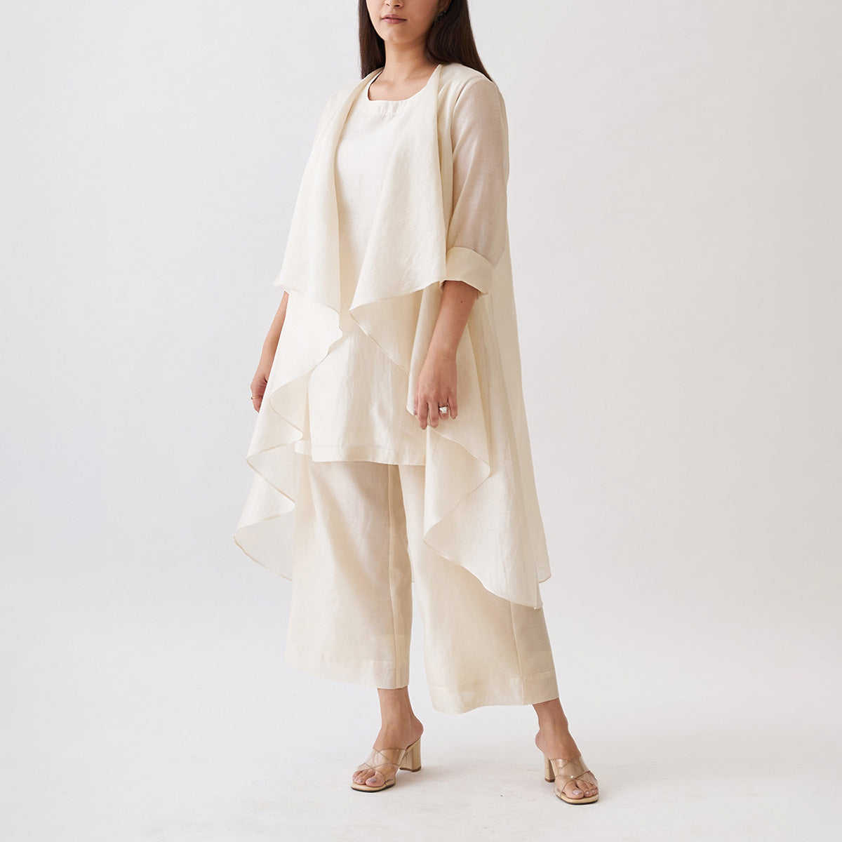 Handwoven Silk Chanderi Waterfall Jacket Ensemble | Off-White