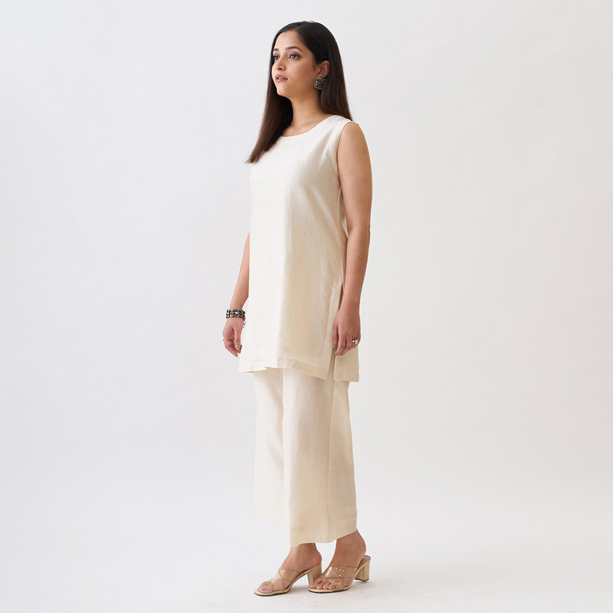 Handwoven Silk Chanderi Waterfall Jacket Ensemble | Off-White