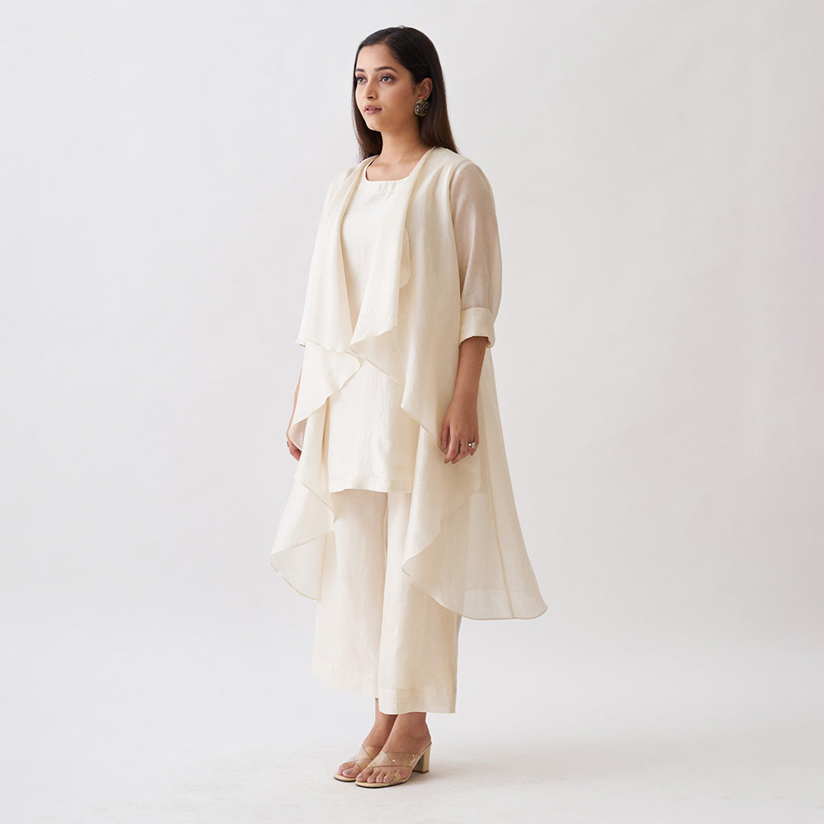 Handwoven Silk Chanderi Waterfall Jacket Ensemble | Off-White