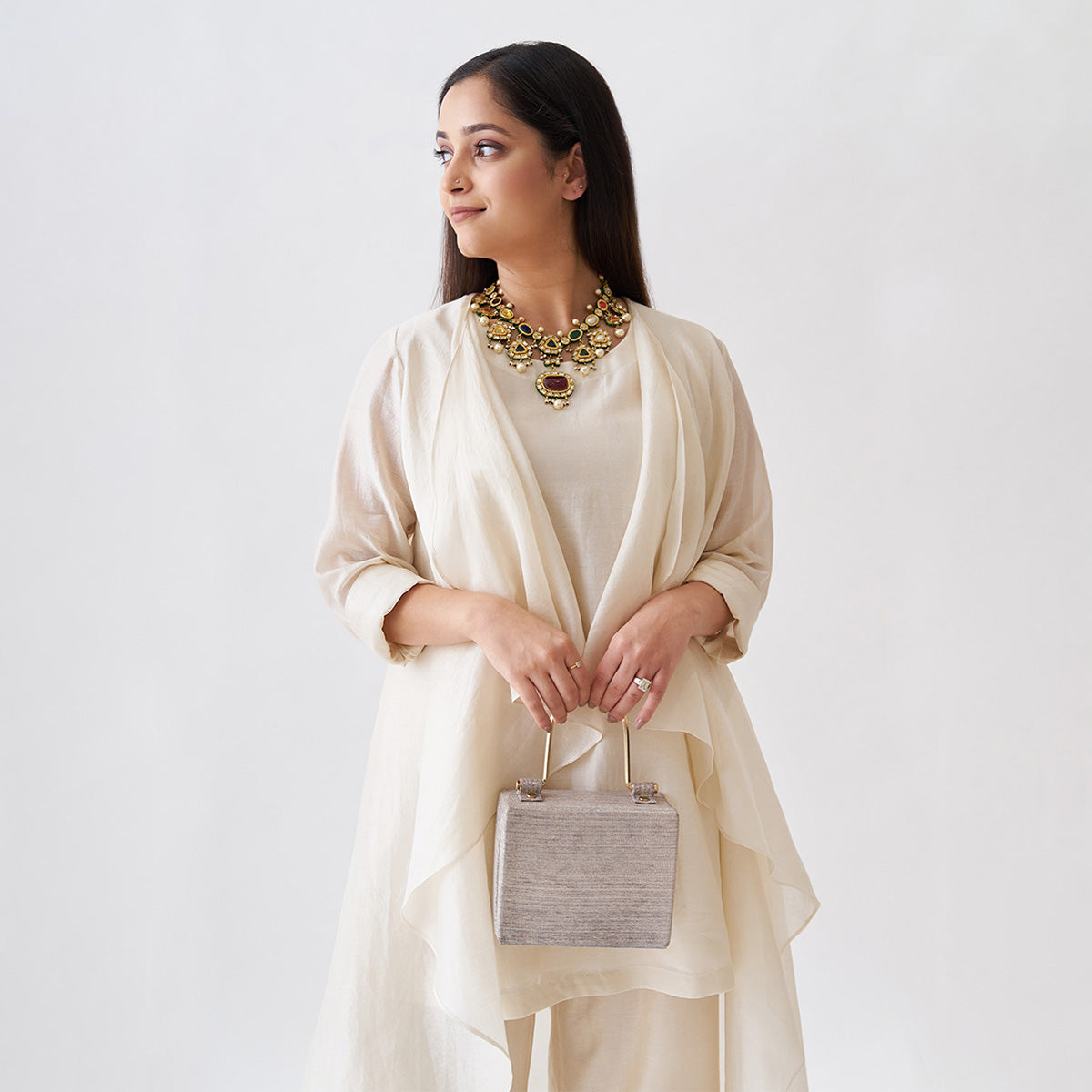 Handwoven Silk Chanderi Waterfall Jacket Ensemble | Off-White