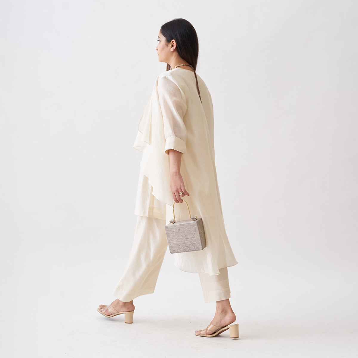 Handwoven Silk Chanderi Waterfall Jacket Ensemble | Off-White