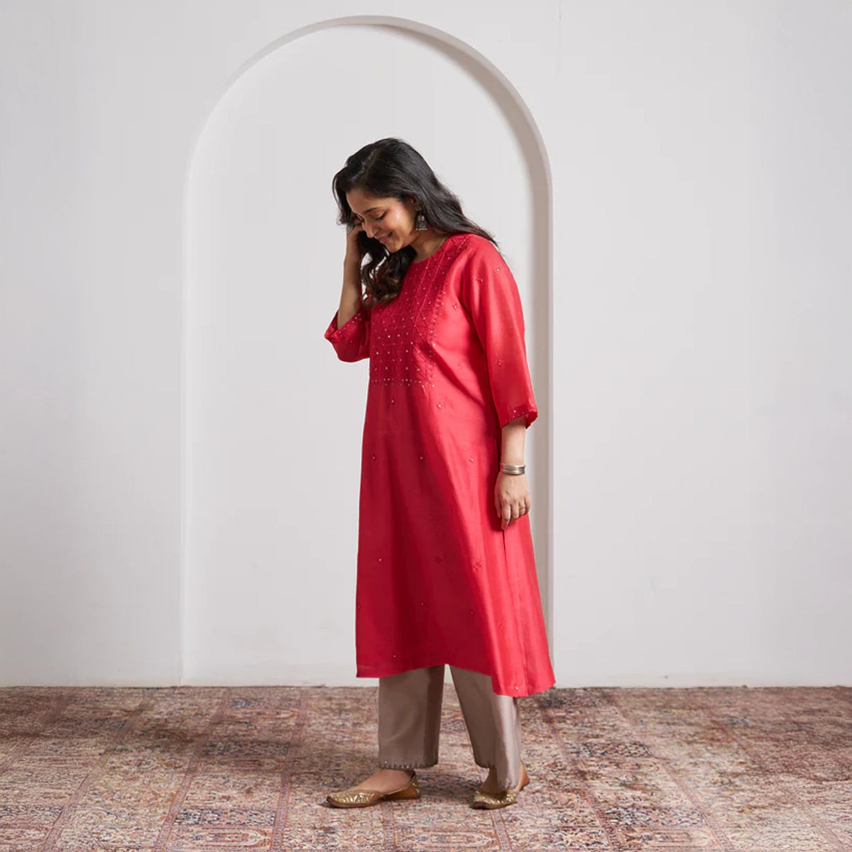 Watermelon Red Silk Chanderi Kurta with Handwork