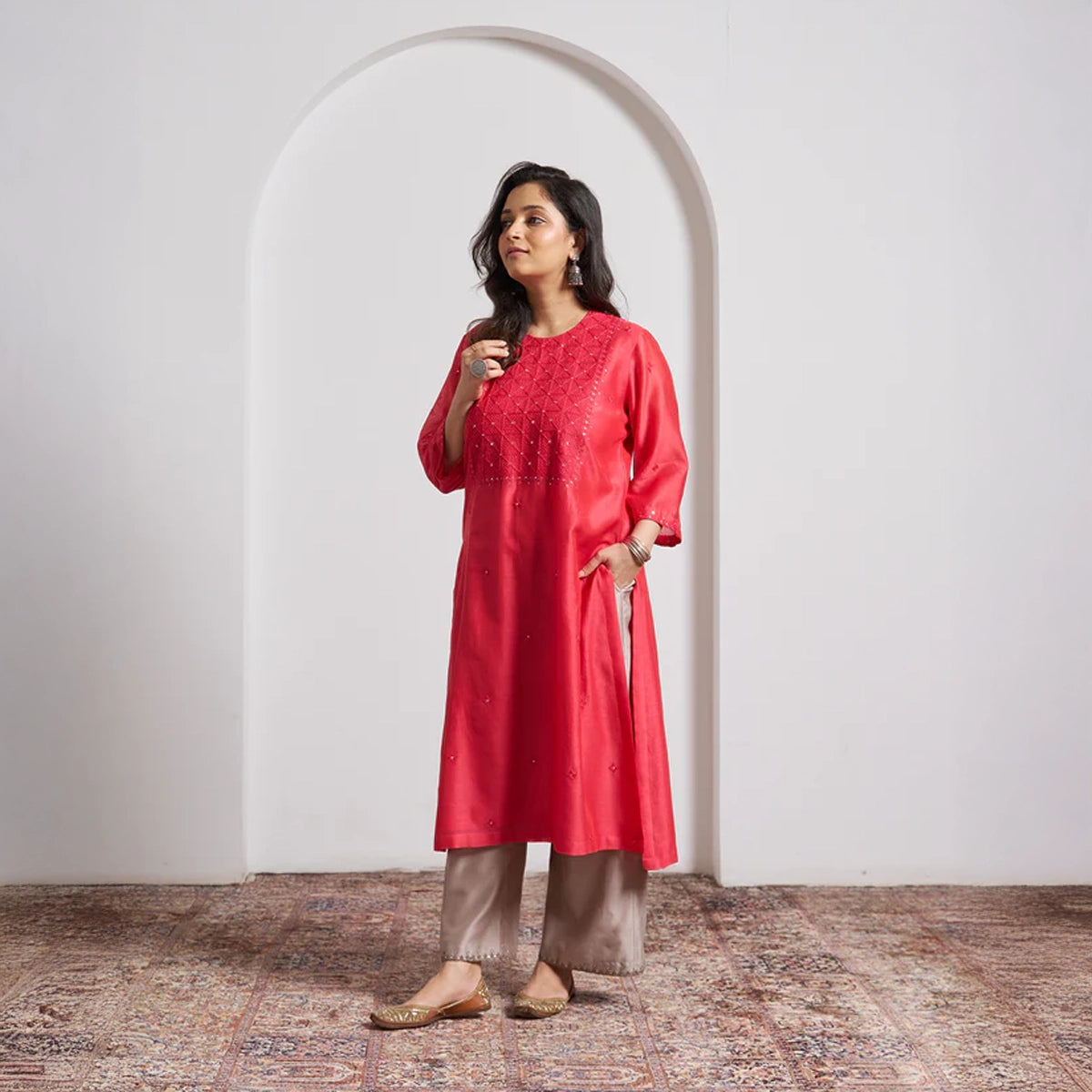 Watermelon Red Silk Chanderi Kurta with Handwork