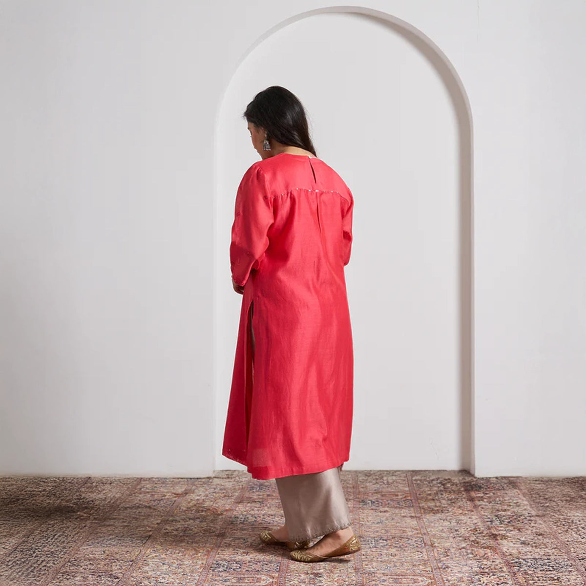 Watermelon Red Silk Chanderi Kurta with Handwork