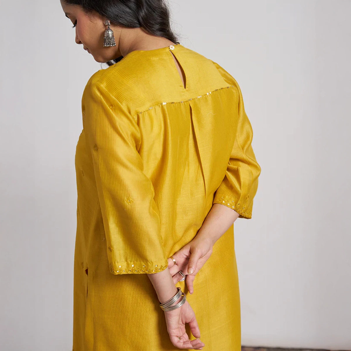 Sarson Yellow Silk Chanderi Kurta with Handwork