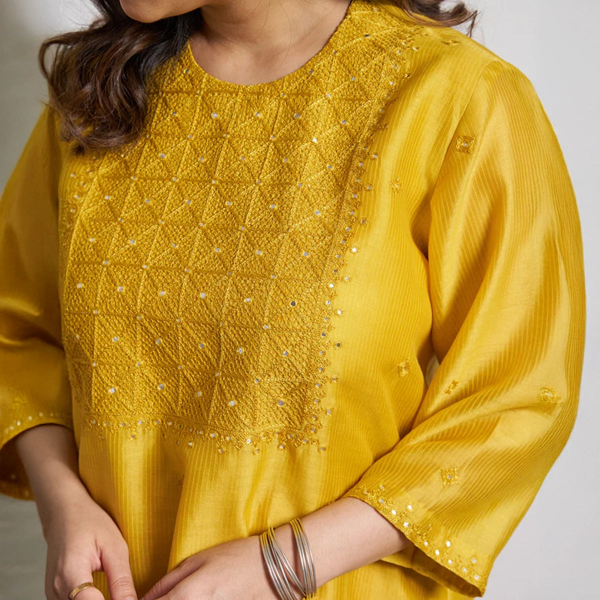 Sarson Yellow Silk Chanderi Kurta with Handwork