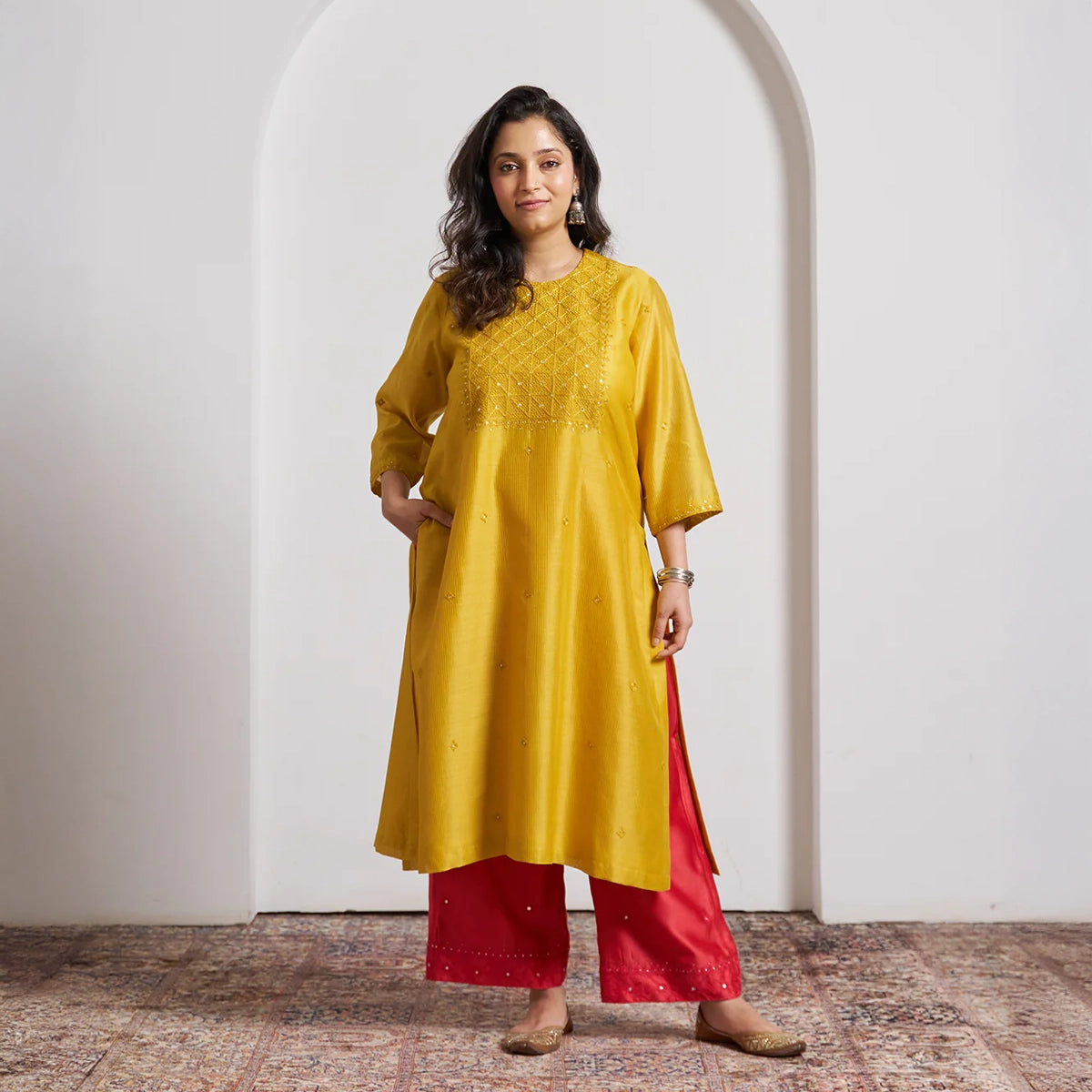 Sarson Yellow Silk Chanderi Kurta with Handwork